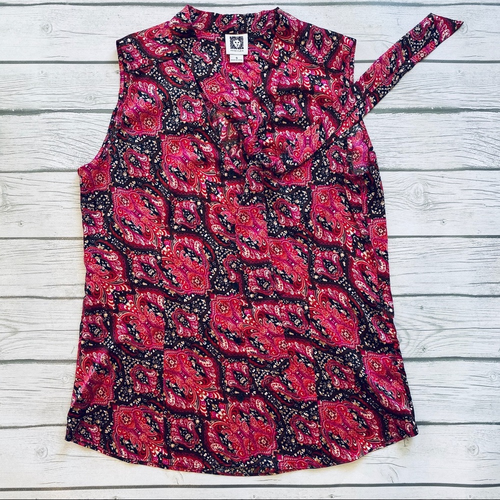 Anne Klein Printed Tie-Neck Top Sleeveless Blouse - Picture 3 of 6